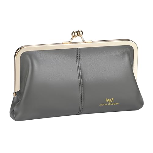 Image of Royal Bagger RFID Kiss Lock Wallet, Solid Color Multi-card Slots Card Holder, Genuine Cow Leather Clutch Purses for Women 1468 (Grey (2468))