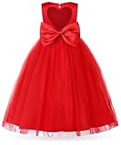 Uhnice Flower Girl Pearl Dress Tulle Ball Gown Bow Prom with Heart Cutout for Wedding Birthday Party (Red, 120/5-6 Years)