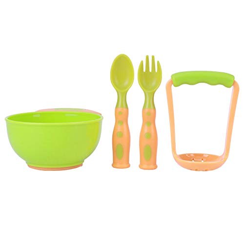 Cuenco para triturar alimentos para bebés, cuenco para triturar alimentos complementario para niños, cuenco alimentador de alimentos para bebés, cucharas, tenedor, juego(Naranja y verde)