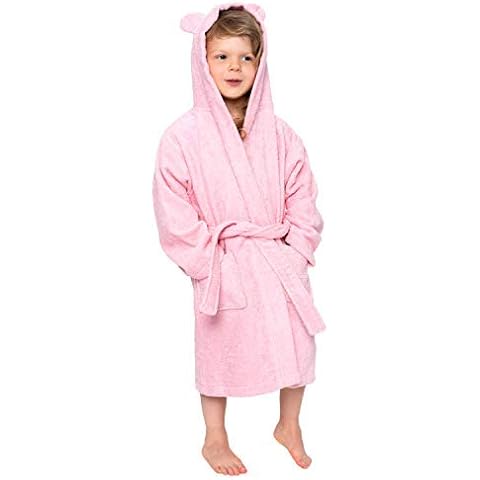 Twinzen - Bathrobe Kids for Boys & Girls - 100% Cotton Oeko-TEX® - Belt, 2 Pockets, Hood with Ears, Pink Pale, 5-6 Years Cover