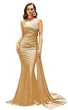 Bolodoo One Shoulder Bridesmaid Dress Long with Train Gold Satin Mermaid Ruched Formal Dresses for Women Evening Party Gown Size 8