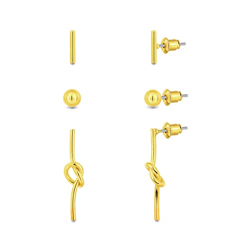 Women Small Stud Earrings Set: 3 Pairs Dainty Simple 14K Gold Plated Love Knot Bar Line Stick Ball Stud - Hypoallergenic Minimalist Cute Daily Jewelry Festival Gift For Girls Teen (Gold) #TOP4