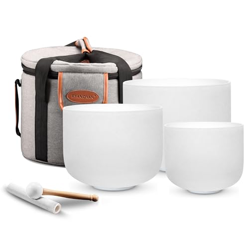 Ryan Dvan 3Pcs Set of 6inch 7 inch 8 inch Crystal Singing Bowl Sound bath Bowl with Padded Carrying Case and Suede Striker Sound Health Bowl 432hz White set 6-8 Inch (6B+7G+8F)
