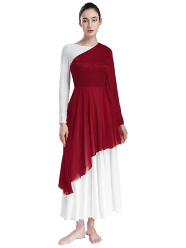 Jhaoyu Womens Asymmetrical Praise Dance Tunic Dresses One Shoulder Flared Sleeve Dress Liturgical Worship Costume Burgundy XXL