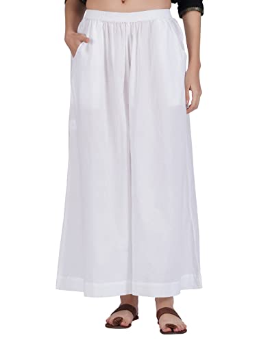 Image of fabcoast Loose Fit Palazzo Pants for Women A-Line Flared Wide Leg Summer Ethnic wear Pure Cotton Cambric with Full Elastic Waistband and 2 Side Pockets