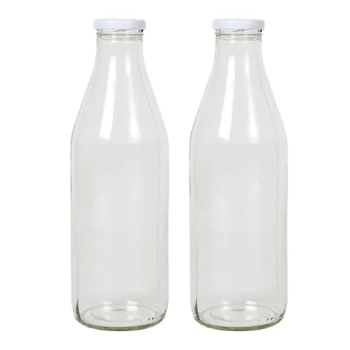 Acan Tradineur - Pack de 2 botellas de cristal para leche, bote para bebidas con tapa de rosca, batidos, zumos, licuados de verduras, salsas, frigorífico (Tapa blanca, 1 litro)