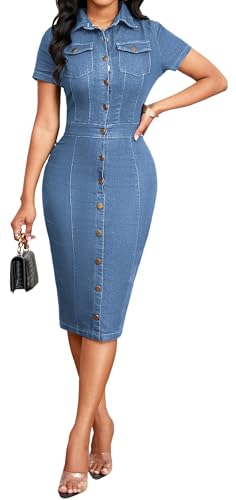 Image of SeNight Women Denim Dresses Elegant Sexy Short Sleeve Jean Party Dress