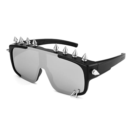 Junsika Oversized Punk Studded Sunglasses for Men Women Trendy Cool One Piece Designer Shield Sunglasses
