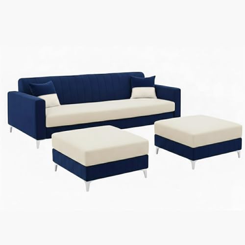 Image of Amelia 5 Seater L Shape Sofa Set with 2 Movable Ottomans | Flexible Layout | Rich Velvet Suede Fabric | Silver Legs | Spacious Soft Seating | Modern Sofa for Living Room (Dark Blue-Cream)