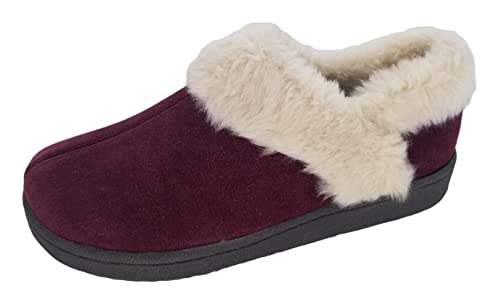 Clarks Womens Suede Leather Ankle Bootie Slipper JMH2034 - Plush Faux Fur Lined - Indoor Outdoor House Slippers For Women (7 M US, Burgundy)
