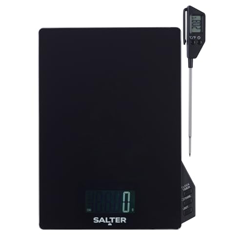Salter Thermometer & Scale Set – Built-in Timer & Clock, Detachable Thermometer Probe, Aquatronic for Measuring Liquids, Celsius/Fahrenheit, Multiple Measure, LCD Display, Up to 5kg, SA00617FEU12