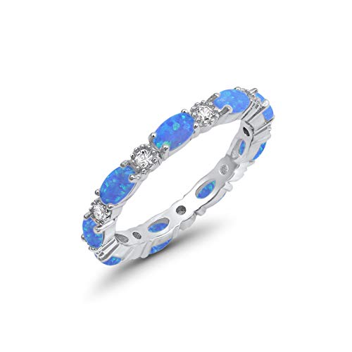 4mm Full Eternity Stackable Band Ring Oval Created Blue Opal Round CZ 925 Sterling Silver, Size-7