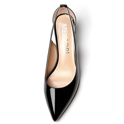 MERRORI Women's Pointed Toe Patent Slip On Kitten Low Heel Pumps Shoes 2 Inch3