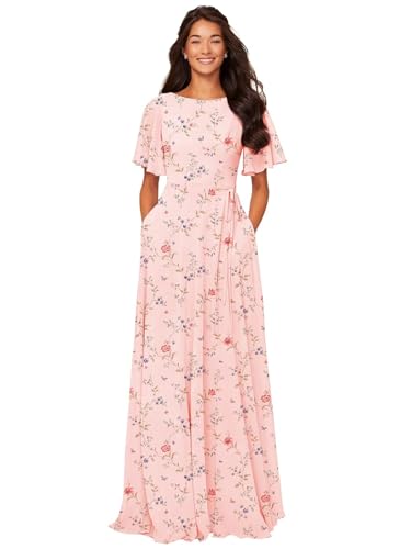 Image of petyoo Chiffon Flutter Sleeve Bridesmaid Dresses with Pockets Sash Long A Line Formal Dress