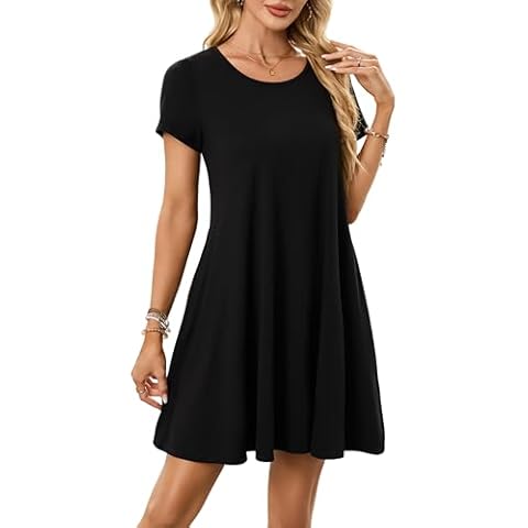 ENMAIN Summer Dresses for Women Black Casual Short Sleeve Vestidos Plus Size Swing Lady Sundress Flowy Vacation Party Tshirt Dress Womens with Pockets Cover