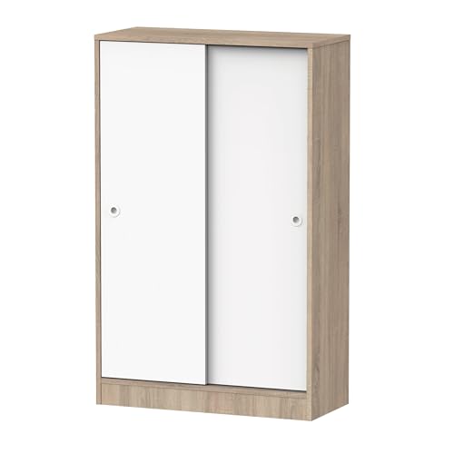 PEGANE Armoire auxiliaire Meuble Multi-usages Basse à 2 Portes coulissantes Coloris Blanc et Chêne cambrien - Longueur 74 x Profondeur 33 x Hauteur 120 cm