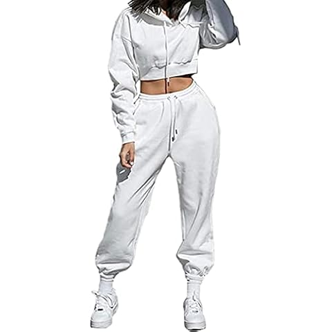 Womens Casual Full Tracksuit - Hoodie and Jogging Pants Ladies Drawstring Zipper Joggers Sport Gym Normal and Plus Sizes 2 Piece Set White Cover