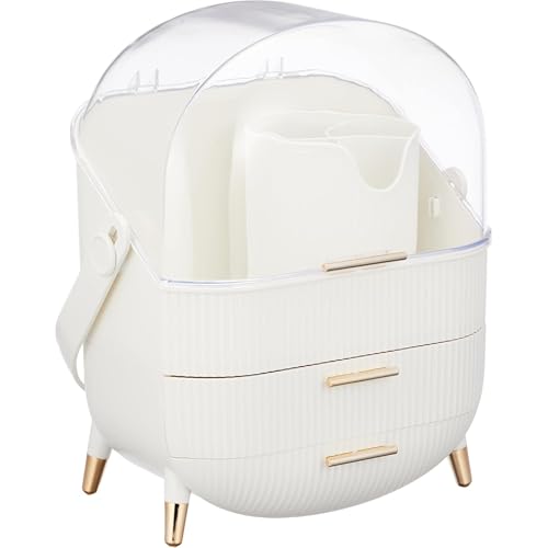 Kwueiit 化粧品収納ボックス 軽量 高級コスメボックス ブラシホルダー付き 大容量 コスメボックス 化粧品収納 整理整頓しやすい 小物 口紅やスキンケア用品収納 多機能コスメボックス 防水防塵 バスルーム トイレ収納 シンプル、メイクブラシケースを含