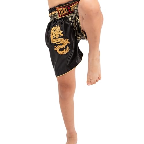 MUAY NATION Muay Thai Shorts für Kinder (2 Jahre - 12 Jahre) Mädchen Jungen Boxhosen für Kickboxen MMA Kampfsport (DE/NL/SE/PL, Alter, 4 Jahre, 6 Jahre, Regular, Drachen Schwarz)