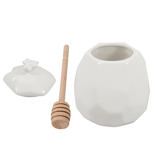OSALADI Tarro de Miel de Cerámica con Tapa y Cucharón de Madera Recipiente para Miel de Sobremesa Dispensador Práctico para Jarabe y Mermelada 1 Unidad