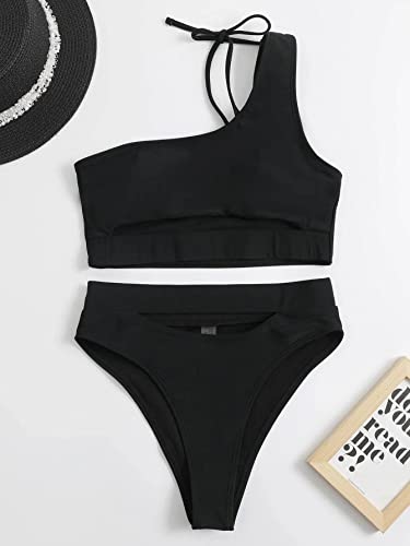 Lilosy Cutout One Shoulder High Waisted Cut Leg Thong Brazilian Bikini Swimsuit Set Women Cheeky Bottom Bathing Suit 2 Two Piece Knotted Black 2# Medium #TOP4