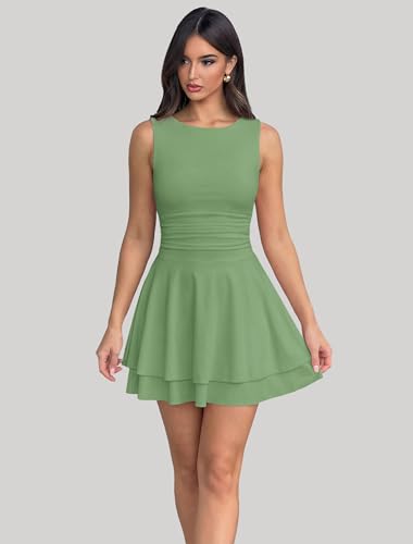 Image of IWD Women's Boat Neck Sleeveless Mini Dress Ruched Waist Flowy Tiered Ruffle Hem A Line Party Short Dresses