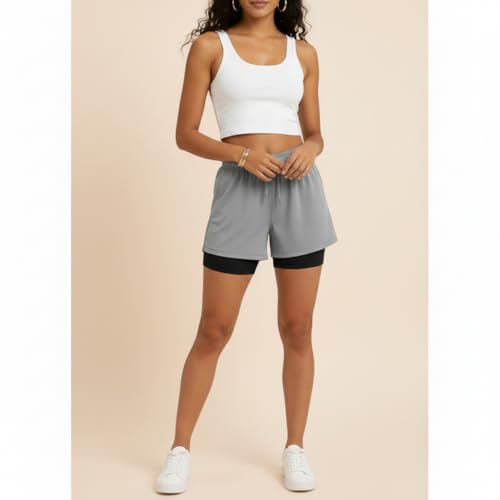 Image of Women's 2-in-1 Athletic Shorts with Inner Tights Layer, Drawstring Waist, for Running, Gym & Sports, Plus Size S to 6XL