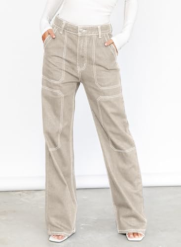 Dokotoo Women's Casual Mid Waist Cargo Jeans Stretch Wide Leg Denim Pants with Pockets2