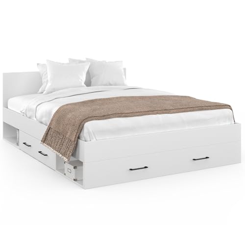 IDMarket - Lit Double MINEA avec tiroirs + niches de Rangement + tête de lit et sommier 140 x 190 cm Blanc