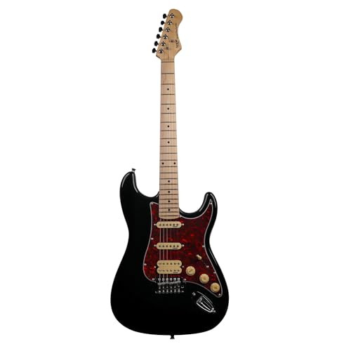 Image of SEST250 HSS Electric Guitar | Stratocaster Style Guitar with Basswood Body,5-Way Pickup Switch, Vintage Tremolo Bridge | Beginner Electric Guitar Kit | Included Padded Gig Bag (Black)