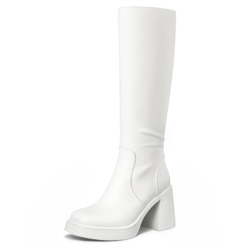 Image of Choiran Knee High Boots for Women - Platform Chunky Square Toe Tall Boots with Block Heeled Side Zipper, Fashion Long Gogo Boots for Spring Fall