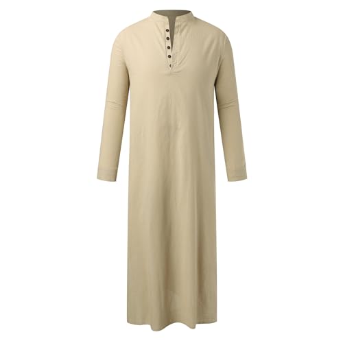 Generisch Bata de hombre de estilo árabe medio simple largo botón musulmán bata de manga larga bata de abertura lateral bata de bolsillo, caqui, XL