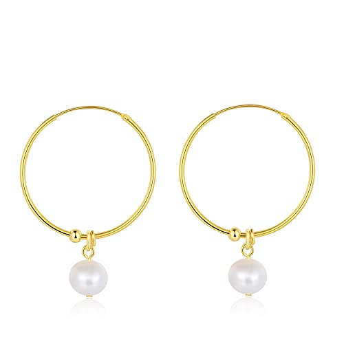 Organic Pearl Hoop Earrings | Freshwater Baroque Pearl in White Yellow Gold Hoops | 14K Gold Plated Sterling Silver
