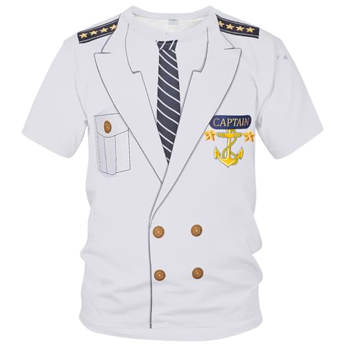 LAOLIUSN Captain Costume T-Shirt for Men Funny 3D Nautical Uniform Print Tee for Halloween White M