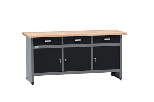 Küpper Werkbank 12159, 170x84x60 cm, 3 Schubladen, 3 Türen, 300 kg Traglast, 30 mm Massive Buchenarbeitsplatte (Schwarz, 170x84x60)