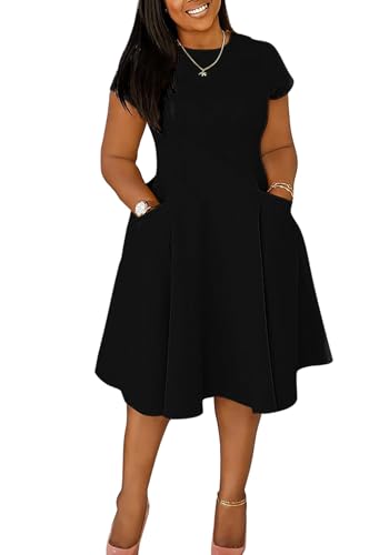 Image of Womens Elegant Casual Short Sleeve Midi Dress Plus Size A Line Work Party Fit and Flare Dress with Pockets
