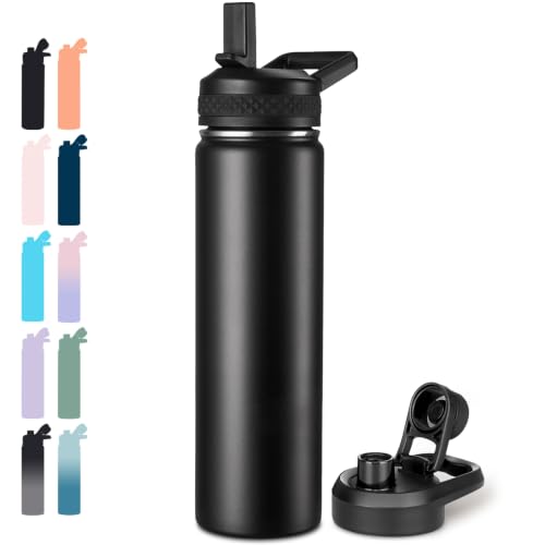 Image of Fijinhom 24 oz Insulated Water Bottle with Handle, 304 Stainless Steel Water Bottles with 2 Lids, Double Wall Vacuum Sports Water Cup with Straw, BPA Free, Keep Cold and Hot, Black