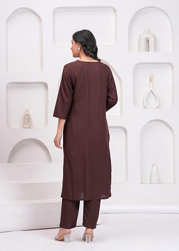 Image of Rayon Plain V Neck Kurta Pant Set for Women and Girls
