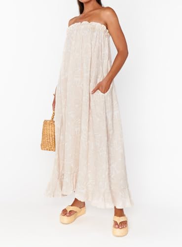 Image of Women Floral Print Maxi Tube Dress Strapless Flowy Long Bandeau Dress Y2K Open Back Sundress Summer Beachwear