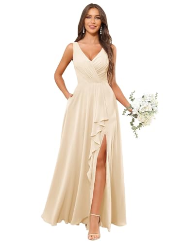 Image of HANVAIOS Long Chiffon V Neck Bridesmaid Dresses for Women Formal Dress with Pocket