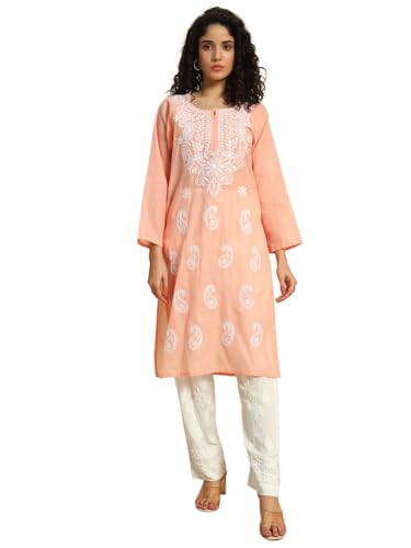 Image of FCH, Fashionable Chikan Handikraft Women's Cotton Lucknowi Chikankari Printed Straight Kurta for Regular Wear Girls Flared Kurta