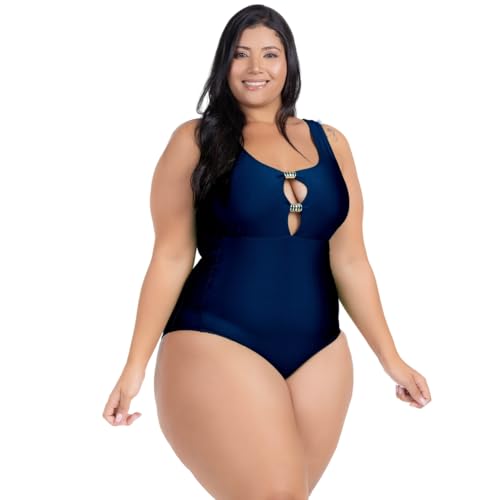 Maio Body Praia Acinturado Plus Size Modela Cintura Liso Casual Decote Abertura Sem Bojo Alças Largas Alta Sustentação (BR, Numérico, 50, Plus Size, Marinho)