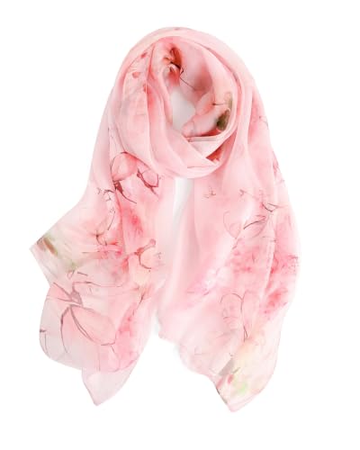 Taseson 100% Mulberry Silk Scarf for Women, Lightweight Large Silk Chiffon Shawl Wraps Sheer Pink Floral Neck Scarf Gift Packed