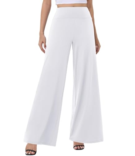 ZOOSIXX Wide Leg Palazzo Pants for Women - High Waist Casual Beach Lounge Loose Dress Stretchy Trousers White