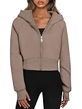 Oyamiki Hoodie Women Comfy Fleece Jackets with Pockets Zipper Y2k Hoodies Zip Up Hooded Cropped Jumper Light Brown XL