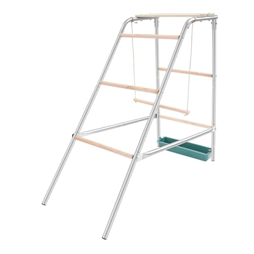 110 x 49 x 100 cm Perchoir pour poules en bois d'eucalyptus - 4 niveaux - Échelle de poulet - Perchoir avec bac à eau - Jouet pour poulet - Perchoir de sol avec balançoire