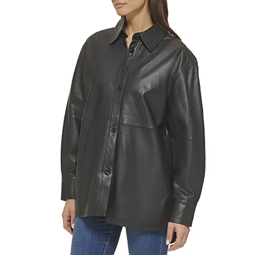 Cole Haan Women's Shirt Collar Button Up Leather Coat3