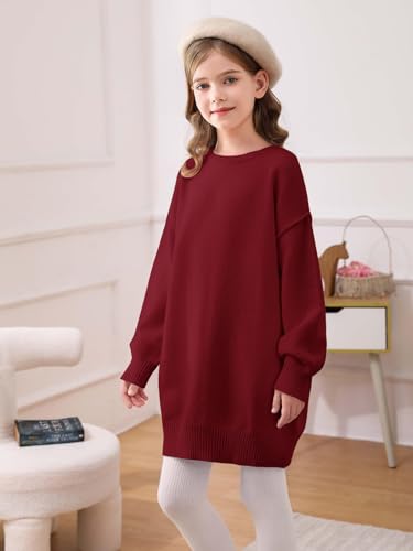 Haloumoning Girls Sweater Dress Casual Crewneck Knit Long Sleeve Fall Winter Dress Pullover 5-14Y3