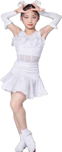 DgtZyrih Vestido de Baile Latino para niñas, Faldas de salón Profesionales de Tango cha cha Salsa, Traje de Competencia Plisado de Encaje, Ropa de Baile de Carrera de Festival,Blanca,130
