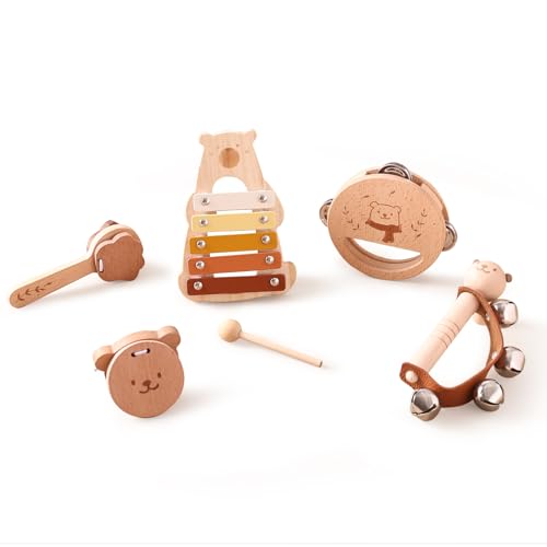 Sailozai木製歯ゴム、かわいい赤ちゃん歯磨き手振りベル、手作り知育クマの形、おもちゃ木製おしゃぶり、早教教育聴覚トレーニング、ブナの木おもちゃセット、打楽器、新生児1歳と2歳の誕生日ベビープレゼント